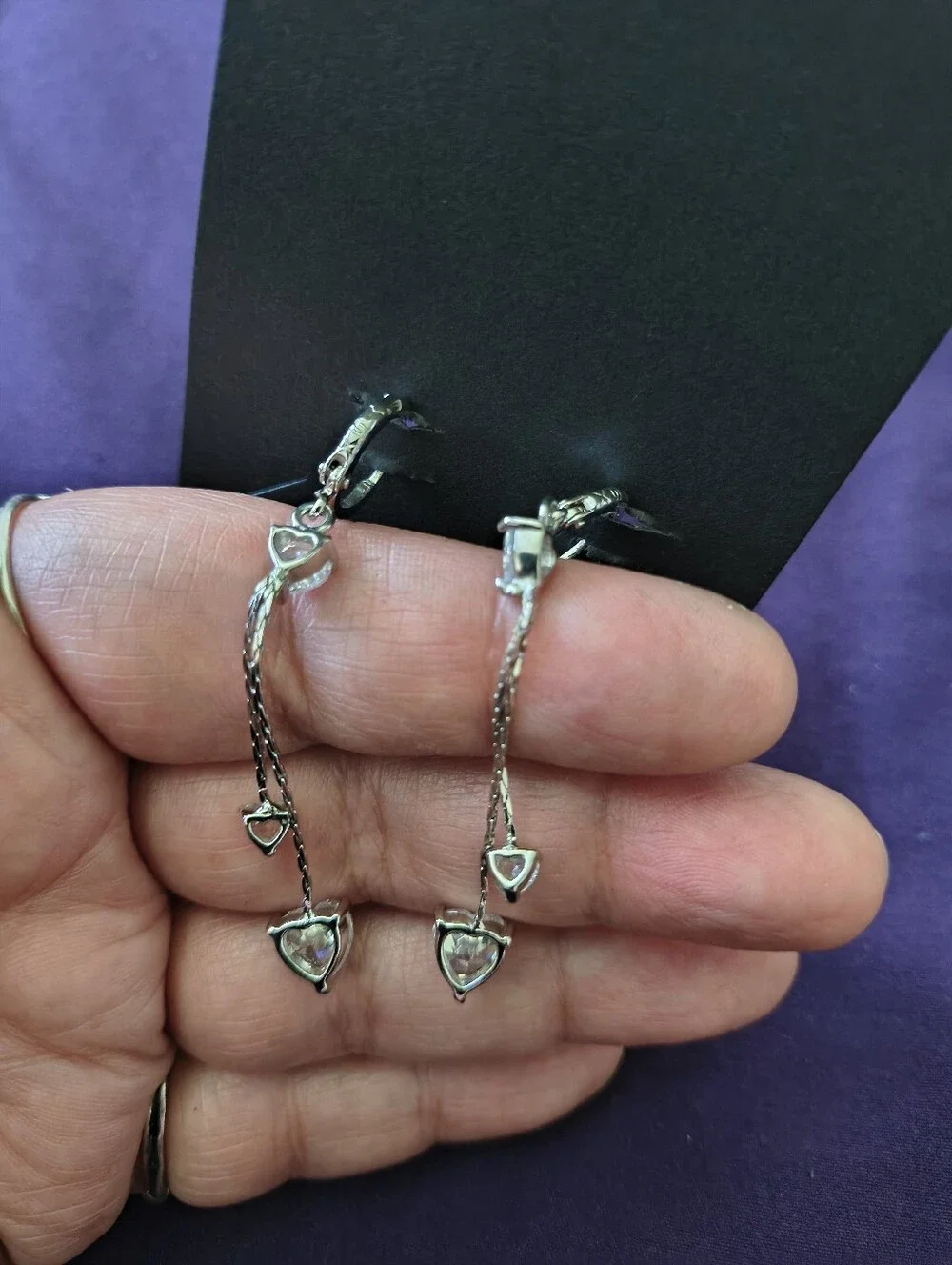 Very Nice  YSX Silver Plated CZ Heart Dangle Chandelier Earrings. Estate Find